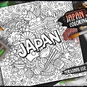 May include: A black and white coloring page featuring a detailed illustration of Japanese culture. The page is filled with doodles of traditional Japanese symbols, food, and architecture, including a large word "JAPAN" in the center. The page is titled "JAPAN DOODLES COLORING PAGE" and includes the text "PERSONAL USE ONLY" and "BALABOLKA DOODLES".
