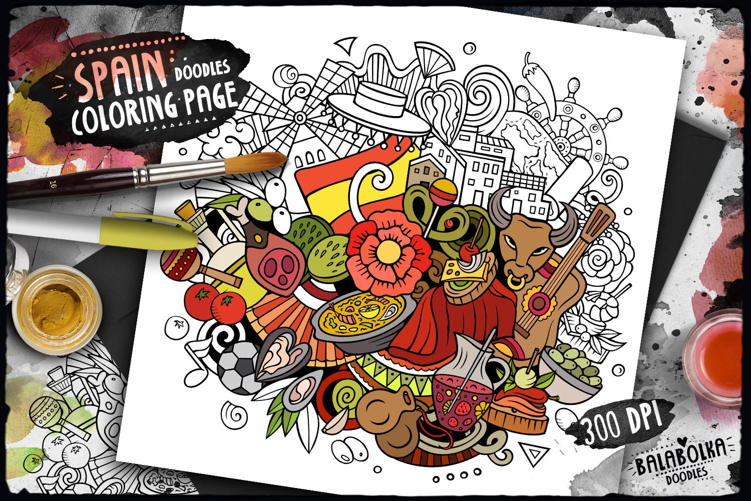 SPAIN Digital Coloring Page/ Spanish Adult Coloring/ Around the World