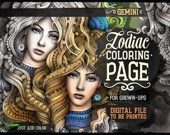 GEMINI Zodiac Adult Coloring Page, Zodiac Sign Coloring Book, Fantasy Girl Face, Ethnic Doodle Woman, Printable Sheet, Digital Download, A4
