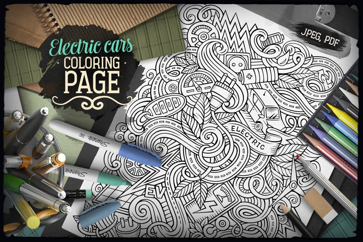 ELECTRIC CARS Digital Coloring Page Doodle Adult Coloring Etsy UK
