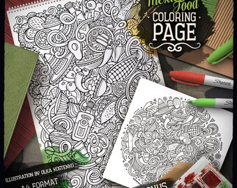MEXICAN FOOD Coloring Page/ Adult Coloring Book/ Digital Coloring sheet/ Mexico Doodle Art/ Printable Cartoon Illustration/ Instant Download