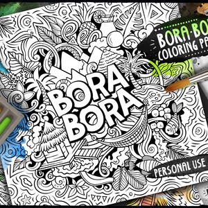 BORA-BORA Digital Coloring Page/ Tropical Doodle Illustration/ Exotic ...