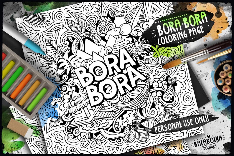 BORA-BORA Digital Coloring Page/ Tropical Doodle Illustration/ Exotic ...
