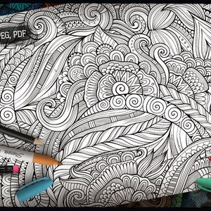 May include: A black and white intricate pattern with swirling lines and floral motifs. The design is perfect for coloring or using as a background for a creative project.