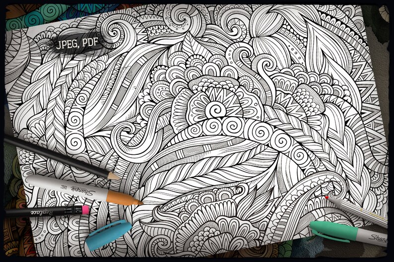 May include: A black and white intricate pattern with swirling lines and floral motifs. The design is perfect for coloring or using as a background for a creative project.