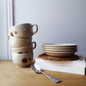 Vintage sandstone cups and saucers, Sarreguemines tableware set France