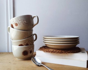 Vintage sandstone cups and saucers, Sarreguemines tableware set France