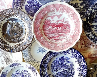 May include: A collection of vintage ceramic plates with floral and landscape designs. The plates are in various shades of blue, pink, and white.