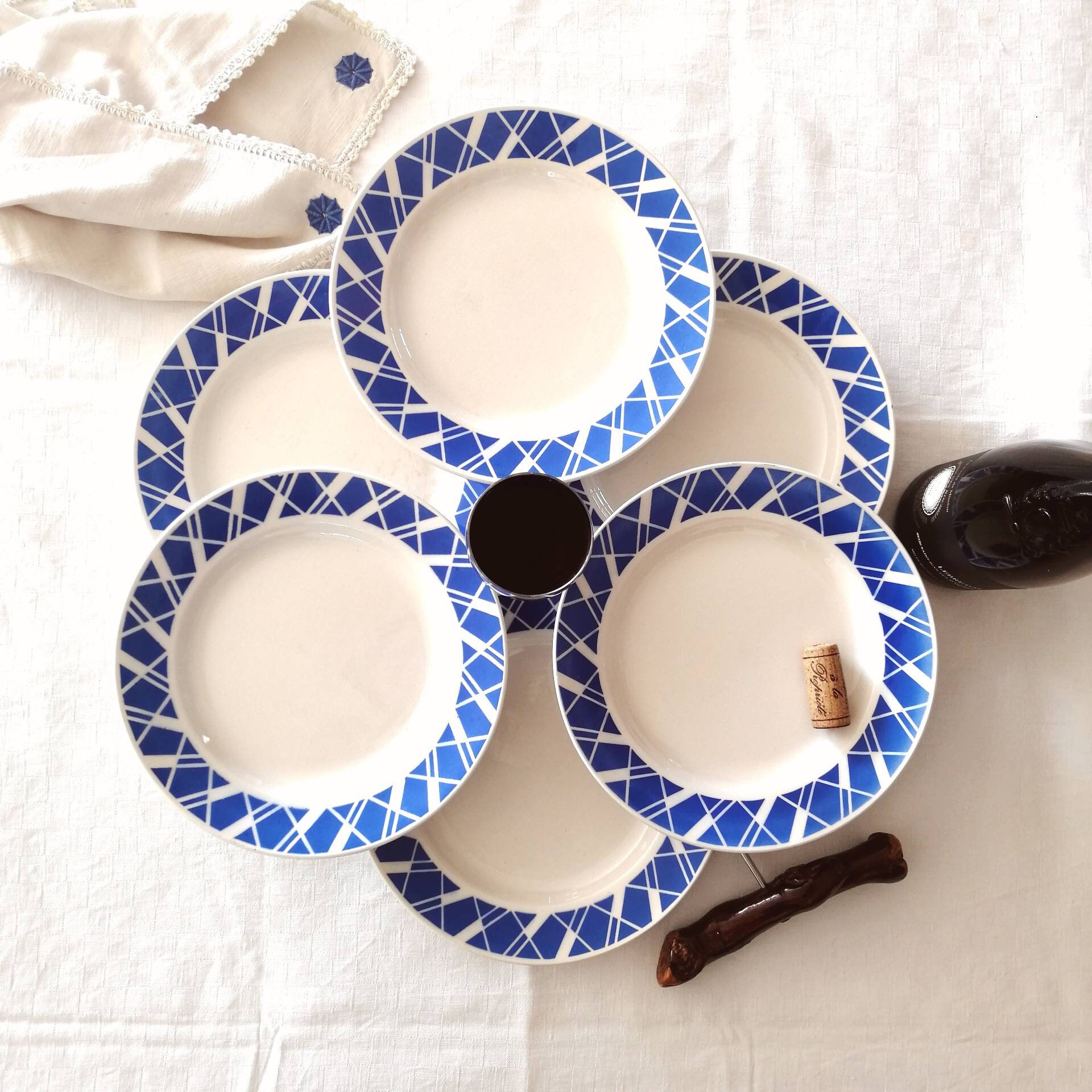 Assiettes Plates Digoin - Bleues France Lot de 6 Assiettes French Hollow Plates