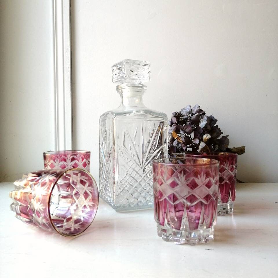 Carafe Et 6 Verres à Fleurs Vintage 70's/80's, Fabrication Française, Set Pichet Multicolore