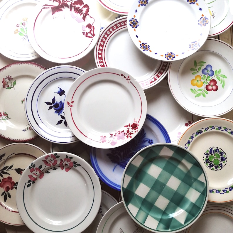 Antique mismatched flat plates, old Digoin Sarreguemines earthenware