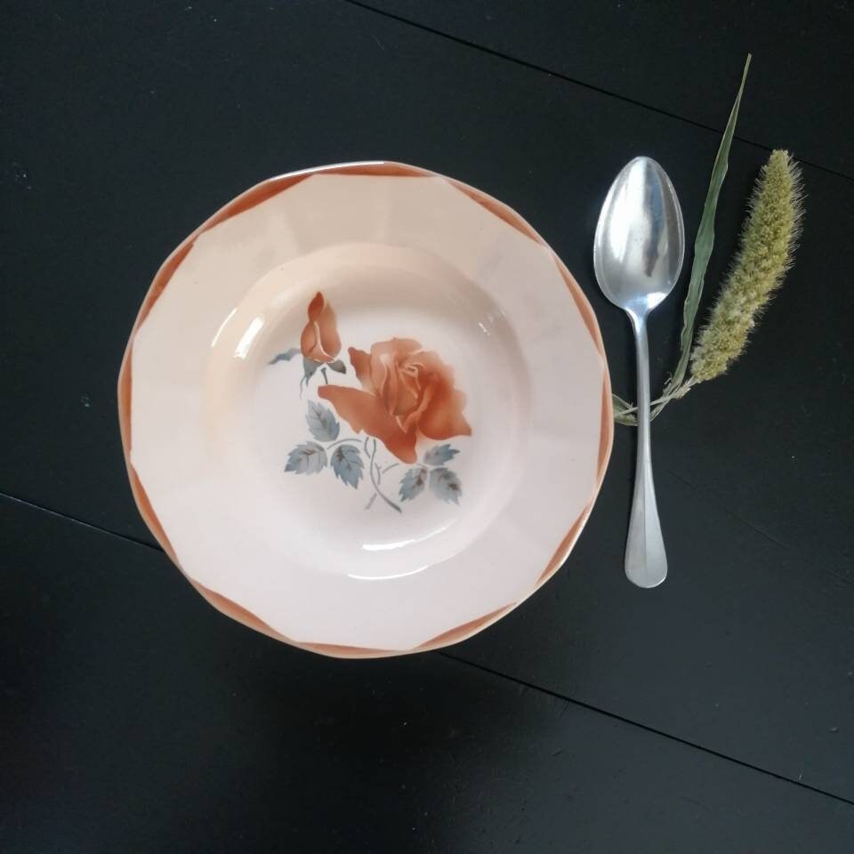Assiette Creuse - Rose Digoin France Terre de Fer French Hollow Plates