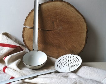 Enamelled ladle and skimmer, set of white utensils for kitchen