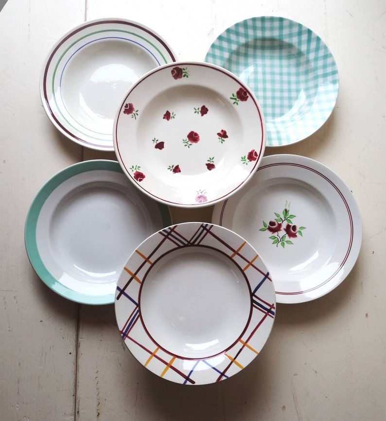 Mismatched soup plates, old French earthenware, set of 6 plates