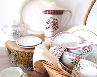 Vintage mismatched crockery set, Dessert plates, Cups and saucers, Digoin ancient teapot