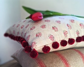 Pretty Pompom Cushion, Handmade, Kate Forman Agatha Linen, Bespoke, Custom Sizes - Please Note- Items are available only by custom order