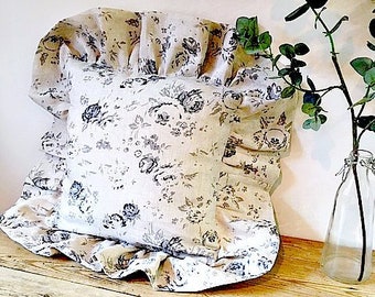 Fabulous Frilled Cushion Handmade in Peony & Sage Charlotte Linen - PLEASE NOTE- This Item Is Available by Custom Order Only