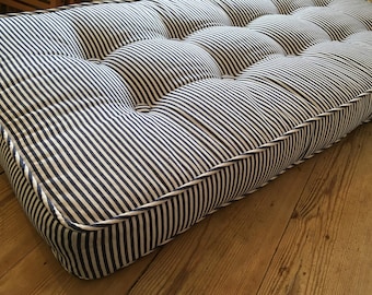 Custom Piped Bench Cushion in Navy Pinstripe Cotton Fabric - Please note that full price is on quotation