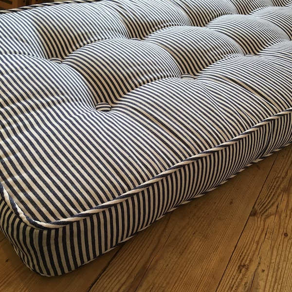 Custom Piped Bench Cushion in Navy Pinstripe Cotton Fabric - Please note that full price is on quotation