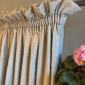 French Blue Pinstripe Curtains, Ruffle Top, Cottage Pleat, Linen, Vintage Inspired- *Please note items are available by custom order only*