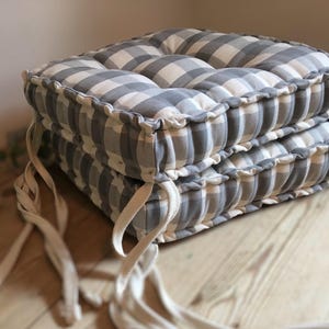 Custom Check Seat Pad with Ties in Grey/ Cream Cotton - Please note that full price is on quotation