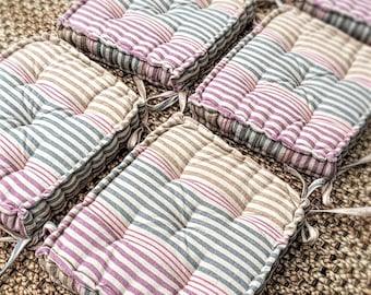 Set of Striped Seat Pads with Ties, Box Cushions, Handmade, Tufted, French Style, Farmhouse, Vintage Inspired, Susie Watson Malabar Stripe