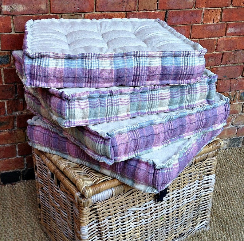 Set of 4 Glamping/Picnic Cushions, French Tufted Style, Natural Linen/Tartan Please Note This Listing is Available by Custom Order Only image 1