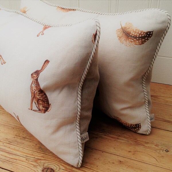 Handmade Cushion in Peony & Sage French Hares Linen