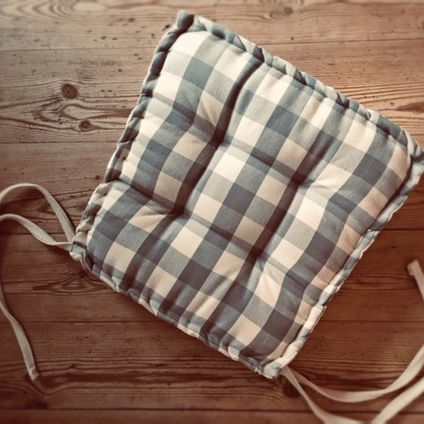 Français Check Seat Pad with Ties, Coton, Plaid, Handmade, Box Cushion, Grey / Cream, Country, Farmhouse, PLEASE NOTE- Full Price on Quotation