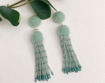 Tassel Earrings, Fringe Earrings transparent and metallic mint green, Dangle Earrings, Charlotte cut beads transparent and metallic mint