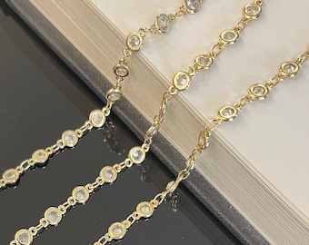 Crystal bead gold chain 4mm Gold CZ Chain by the foot, 18K Gold Filled Round Cut Diamond, Genuine Cubic Zirconia Chain, chain bulk wholesale