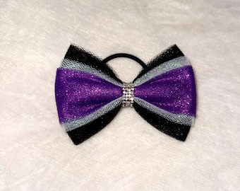 Noeud pour cheveux en tulle violet : strass au centre, noir et blanc