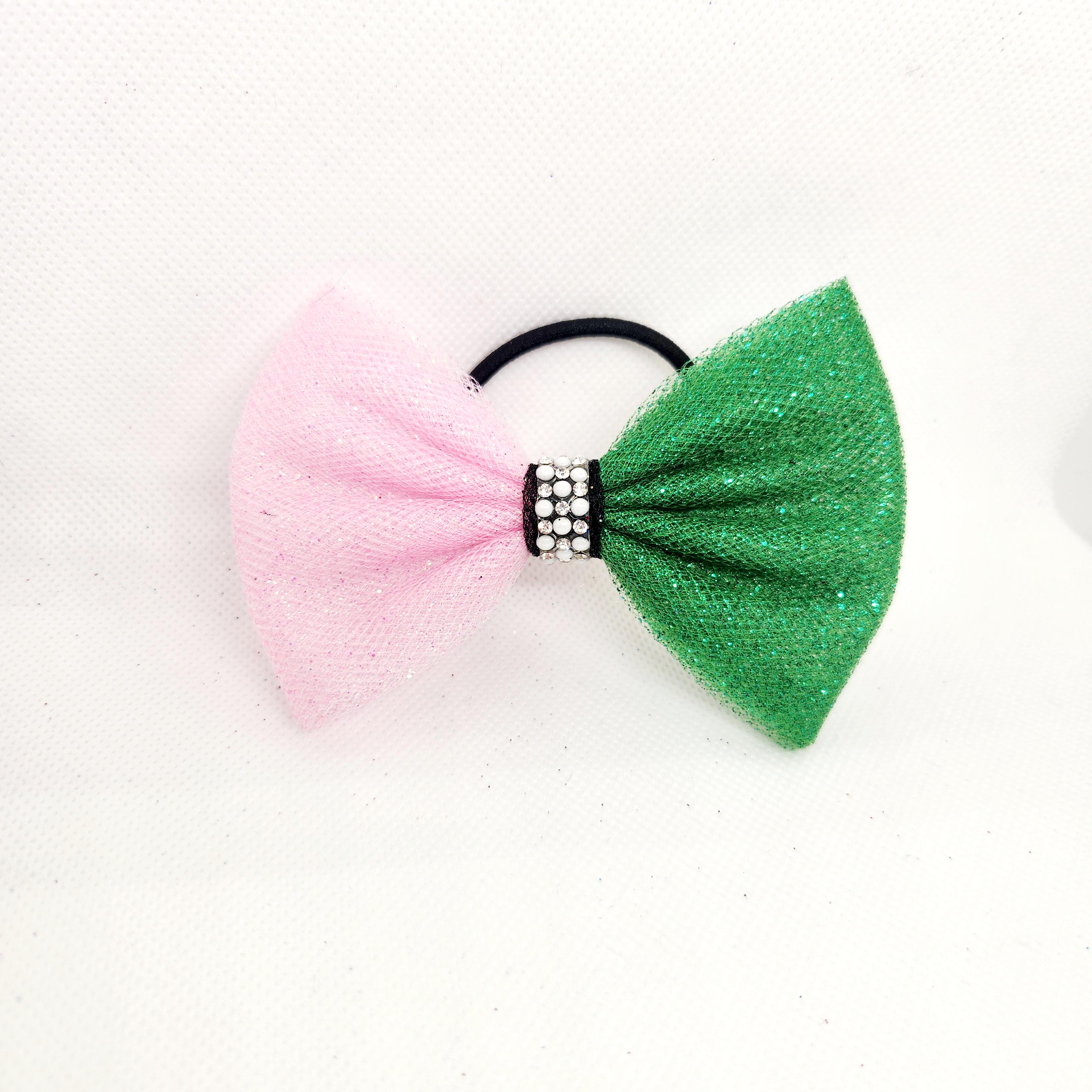 Pink and Green Tulle Hair Bow:  display picture 3