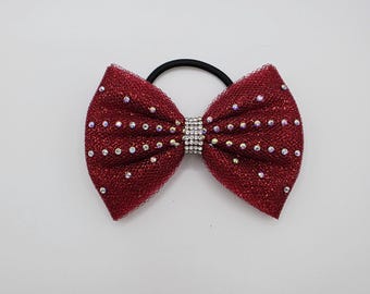 Nœud de gymnastique pour cheveux en tulle : bijou de danse Cheer avec strass