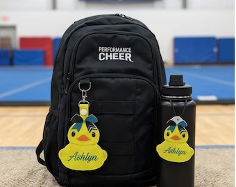 Custom Glitter Duck Bag Tag and Water Bottle Tag- Personalized Cheerleader Gift, Cheer Team Gifts