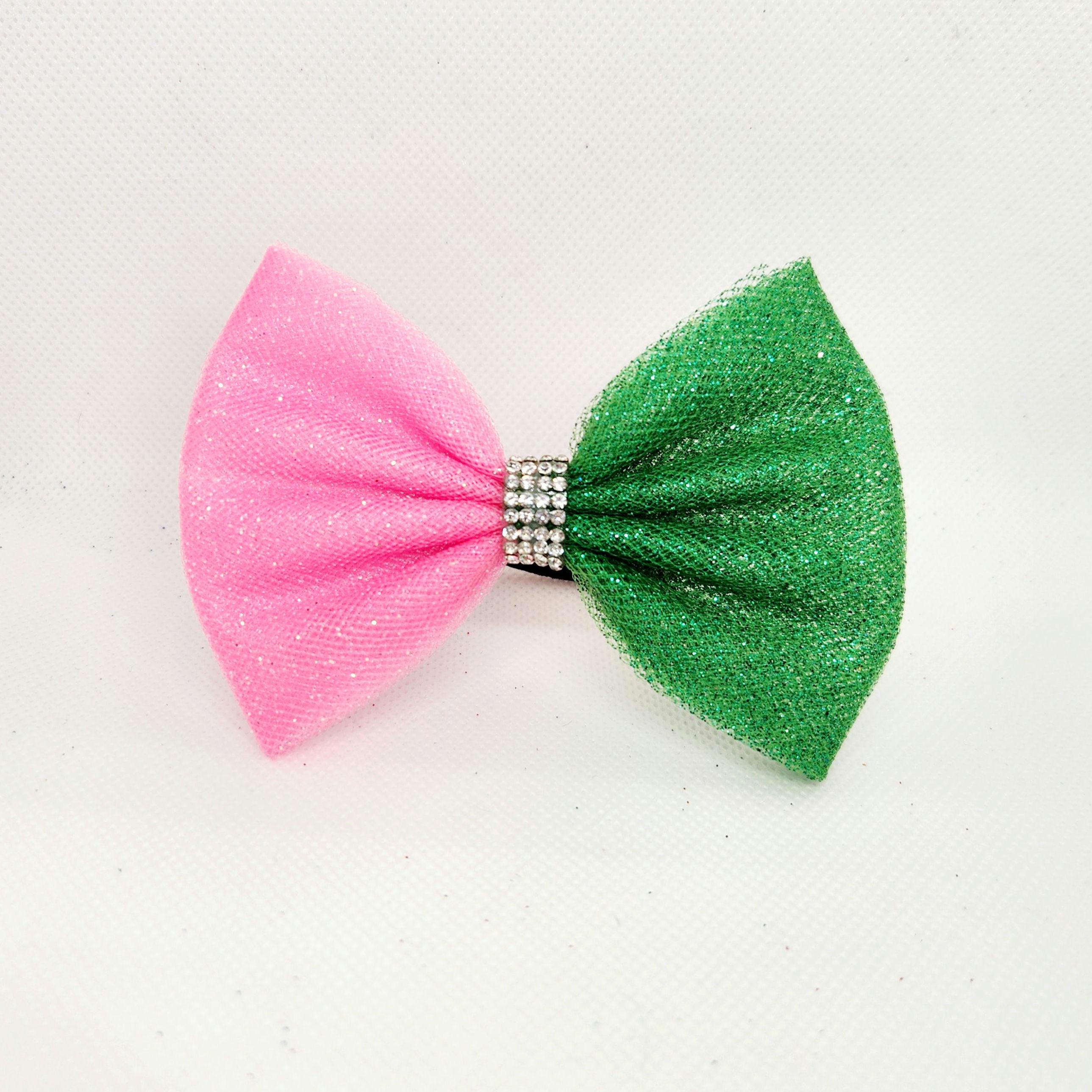 Pink and Green Tulle Hair Bow:  display picture 2