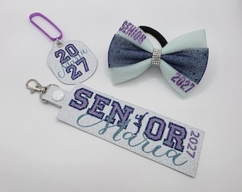 Personalized Senior 2027 Gymnastics Gift Set- Customized Graduation Present, Senior Bow, Water Bottle Name, Bag Tag, Custom Keychain