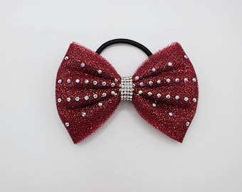 Gymnastics Tulle Hair Bow: Rhinestone Cheer Dance Bling