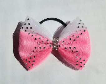 Noeud pour cheveux en tulle rose ombré : accessoire de danse Cheer strass