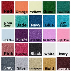 Pu&ograve; includere: Una cartella colori con 20 diversi colori di glitter, tra cui rosso, arancione, giallo, verde, smeraldo, verde neon, giada, blu navy, blu, blu cielo, blu chiaro, viola, lavanda, rosa neon, rosa chiaro, rosa, fucsia, nero, bianco, avorio, grigio, argento, champagne, oro e bordeaux.