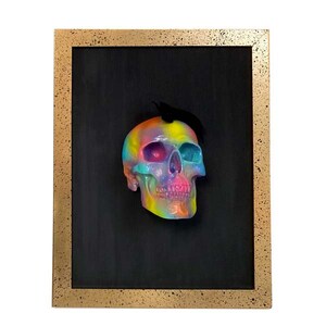 May include: A colourful, rainbow-painted skull sculpture in a gold-coloured frame. The skull is three-dimensional and has a black background.