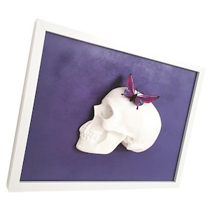 May include: A white skull sculpture with a purple and white butterfly on top, set against a purple background. The artwork is framed in a white rectangular frame. The skull is a prominent feature.