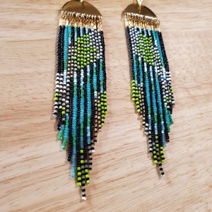 Beaded earrings, fringe earrings, golden earrings, gold earrings, green beads