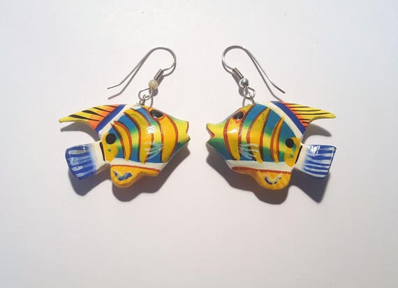 Vintage Colorful Tropical Fish Wood Earrings - image 1