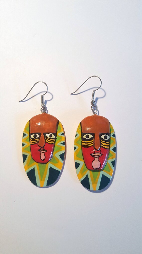 Vintage Earrings Colorful Hand Painted Wooden African Tribal | Etsy