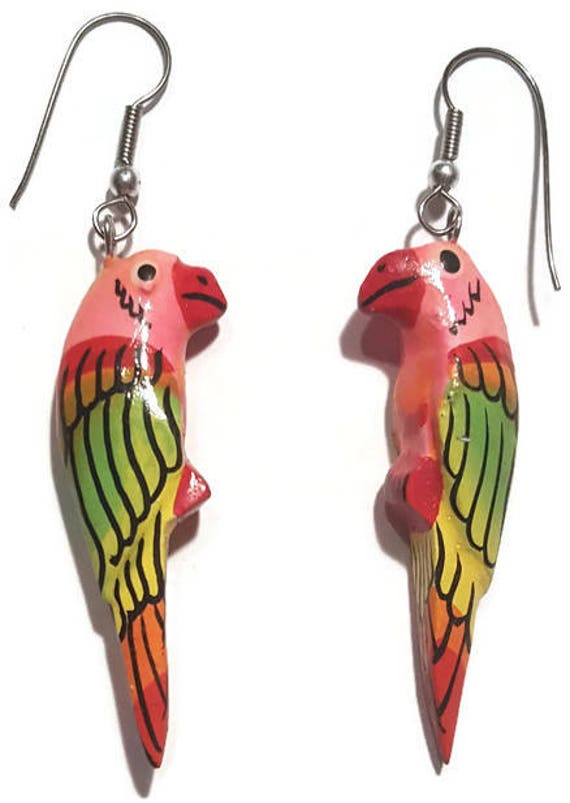 Parrot Earrings Tropical Wood Earrings Hand Paint… - image 2