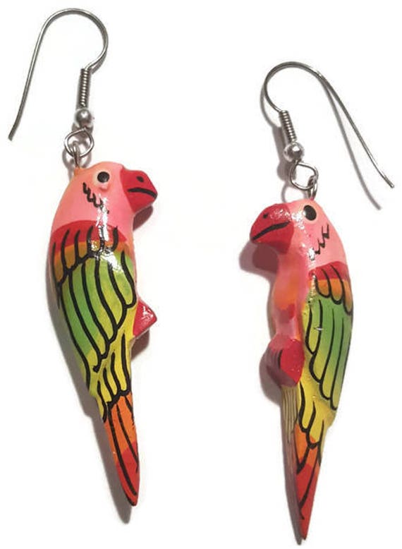 Parrot Earrings Tropical Wood Earrings Hand Paint… - image 1