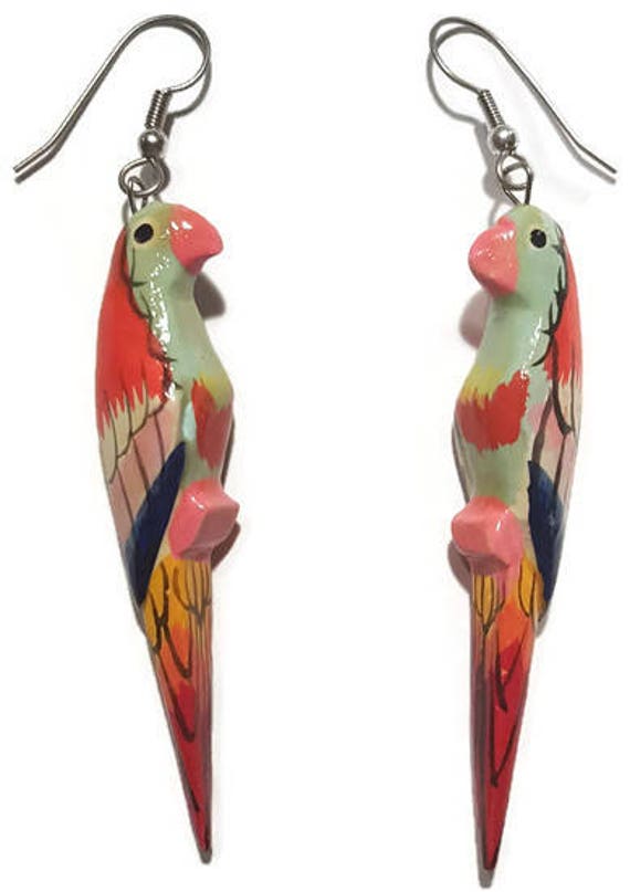 Parrot Earrings Tropical Wood Earrings Hand Paint… - image 1