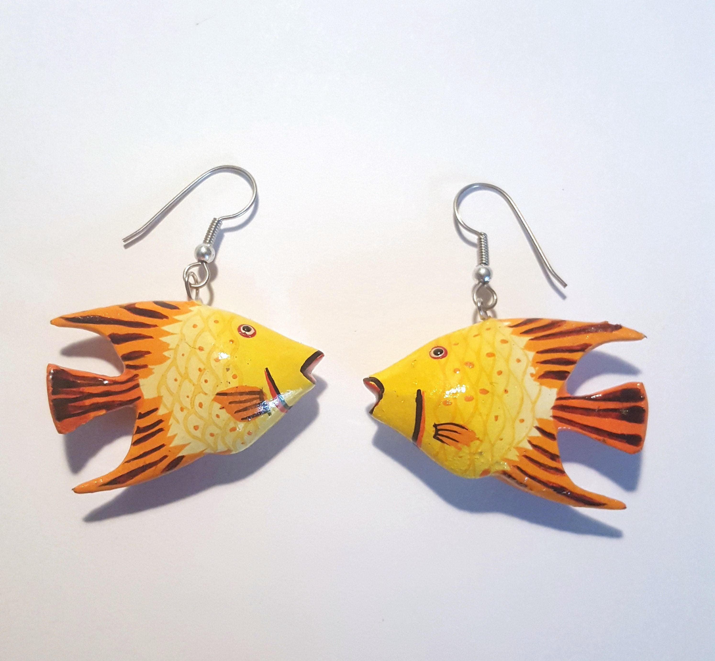 Boucle D'Oreille Ancienne - Poissons En Bois Peint - Vintage - Occasion