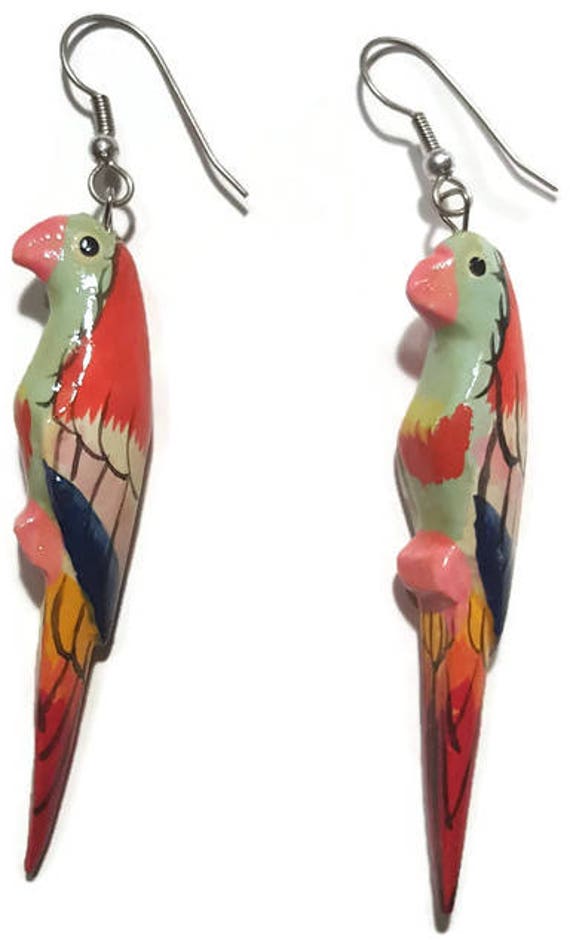 Parrot Earrings Tropical Wood Earrings Hand Paint… - image 2